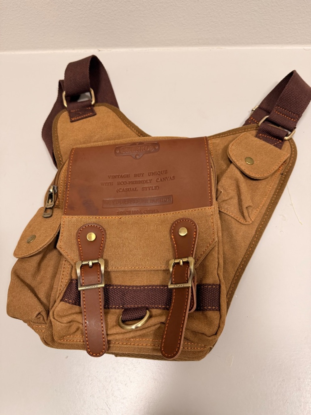 Canvas Brown Leather-Accent Sling Bag